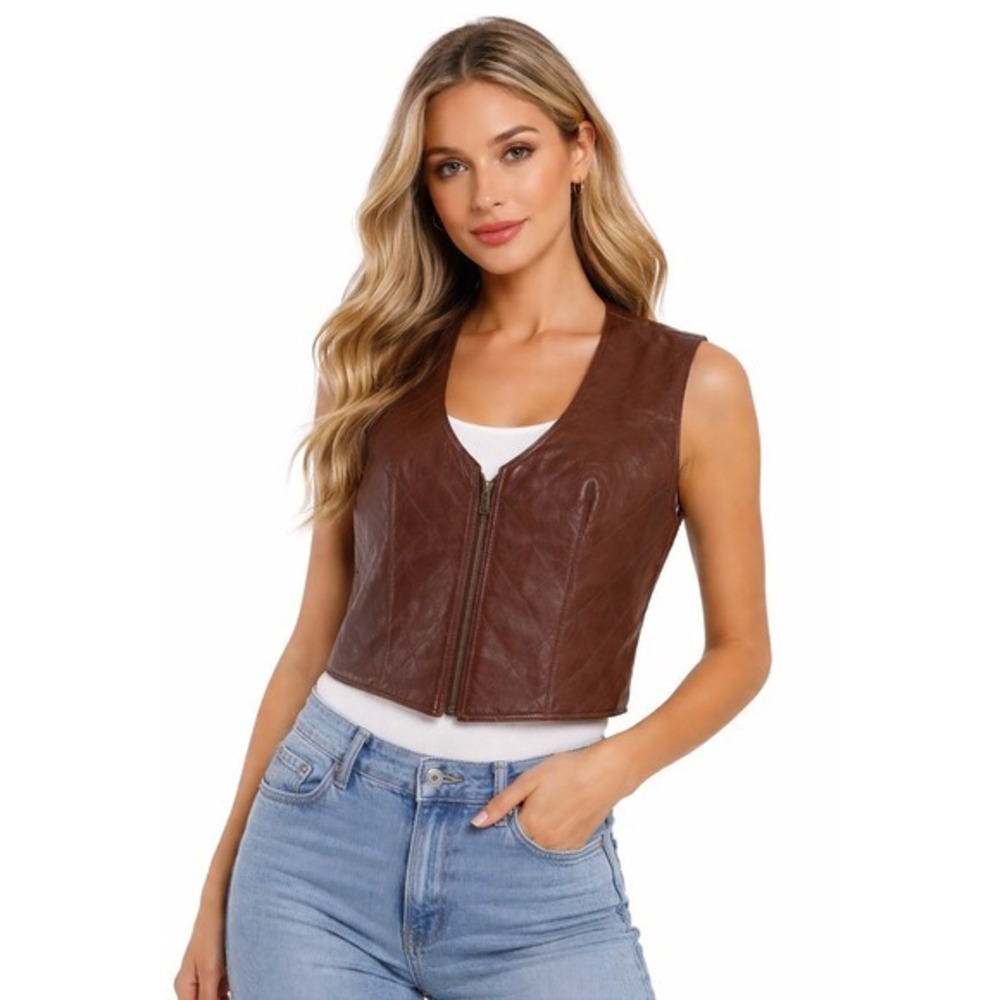 Express Vintage Brown Genuine Leather Quilted Zip Front Vest L Cowgirl 75-17